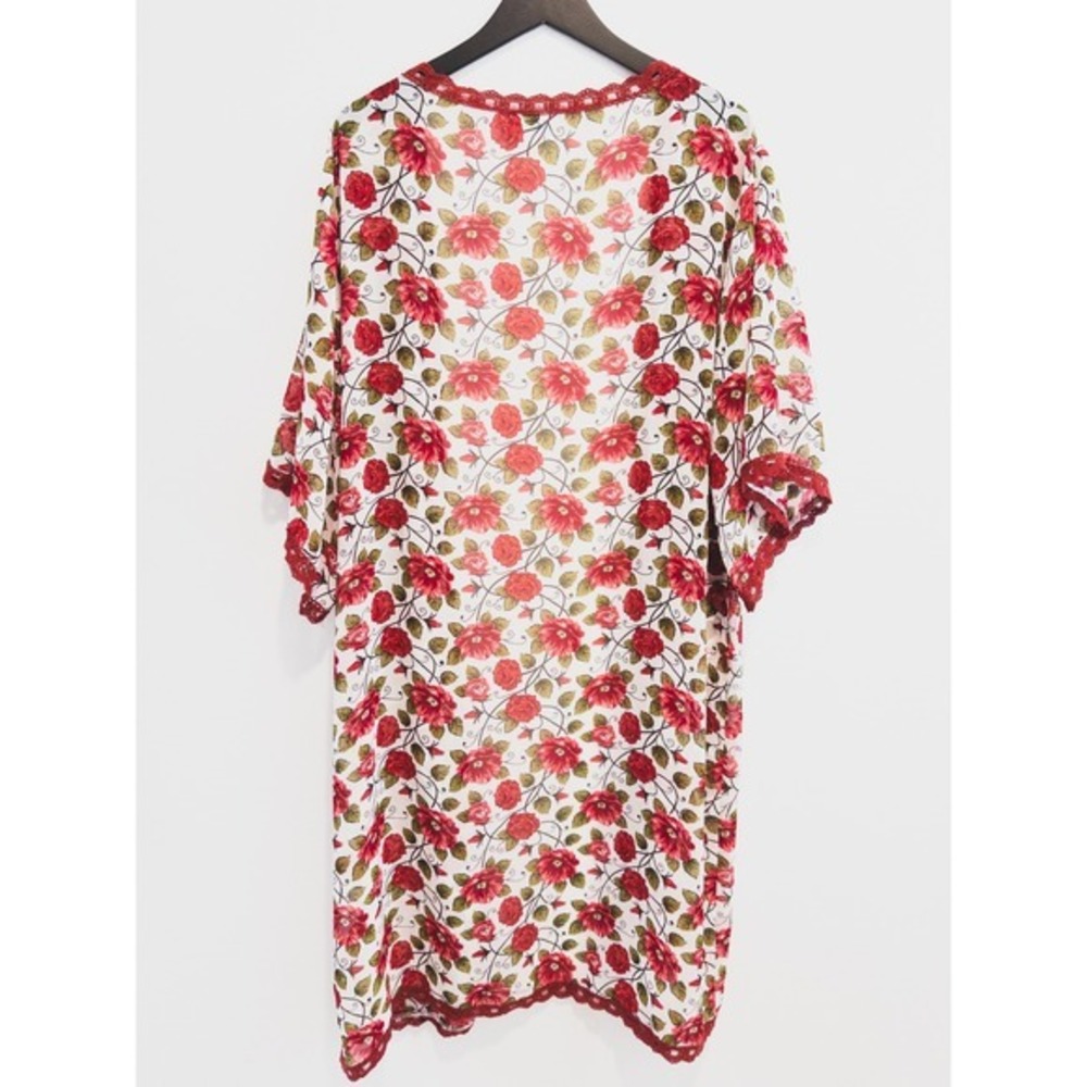 LuLaRoe Kimono Coverup Womens Medium White Red Rose Floral Lace Trim Chiffon - Picture 3 of 8